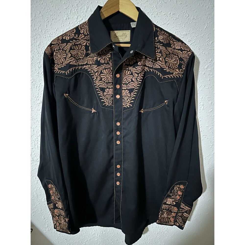 SCULLY WESTERN SHIRT Amber Brown Heavy Decorative Stitching Pearl Snap Men’s Med